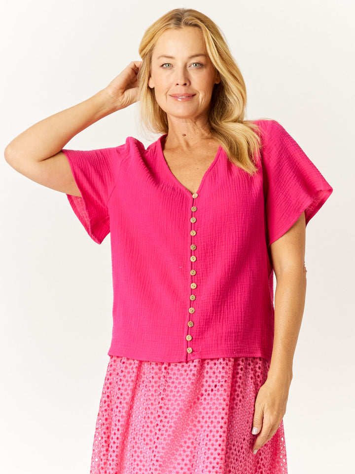 Tarin Cotton Button Top - Raspberry - 32568
