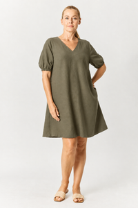Core Linen V Shift Dress - Moss - 32685