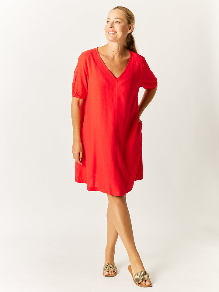 Core Linen V Shift Dress - Lipstick - 32685