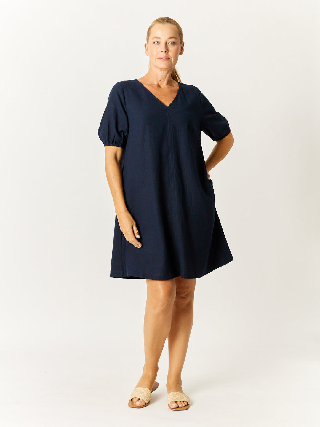 Core Linen V Shift Dress - Navy- 32685