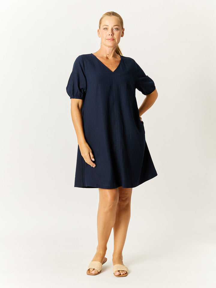 Core Linen V Shift Dress - Navy- 32685