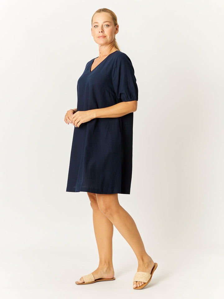 Core Linen V Shift Dress - Navy- 32685