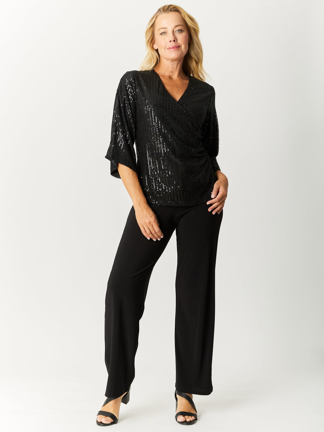 Sparkle Split Sleeve X-Over Top- Black- 32709