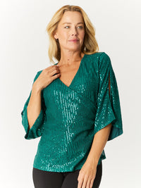 Sparkle Split Sleeve X-Over Top- Jade - 32709