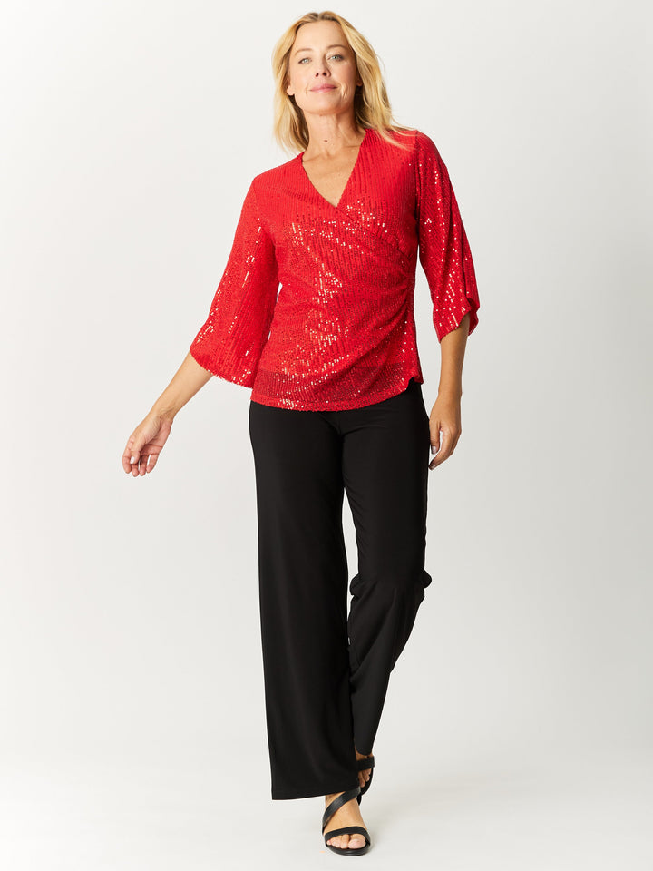 Sparkle Split Sleeve X-Over Top- Red- 32709