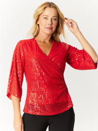 Sparkle Split Sleeve X-Over Top- Red- 32709