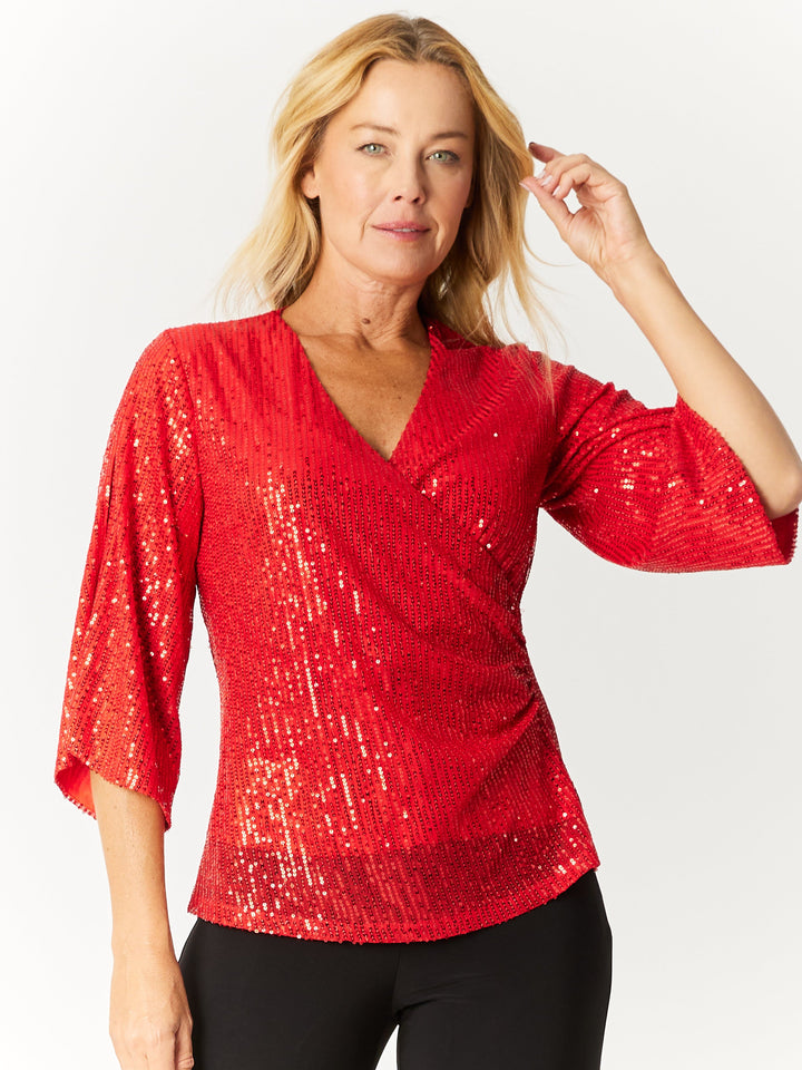 Sparkle Split Sleeve X-Over Top- Red- 32709