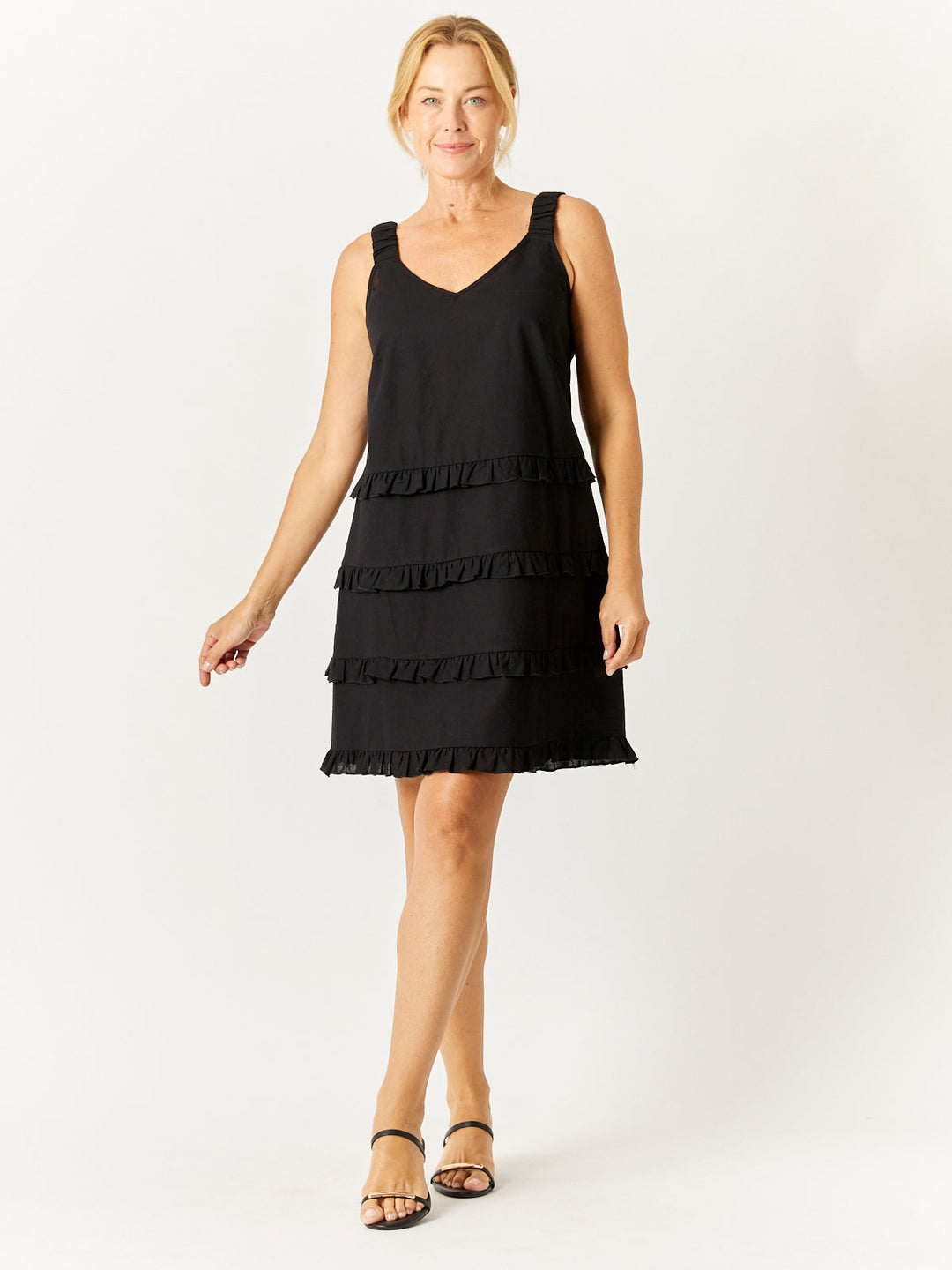 Luna Linen Tier Dress - Black - 32717