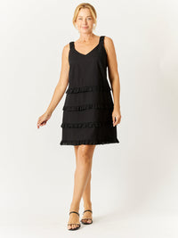 Luna Linen Tier Dress - Black - 32717