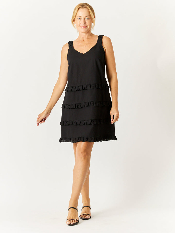 Luna Linen Tier Dress - Black - 32717