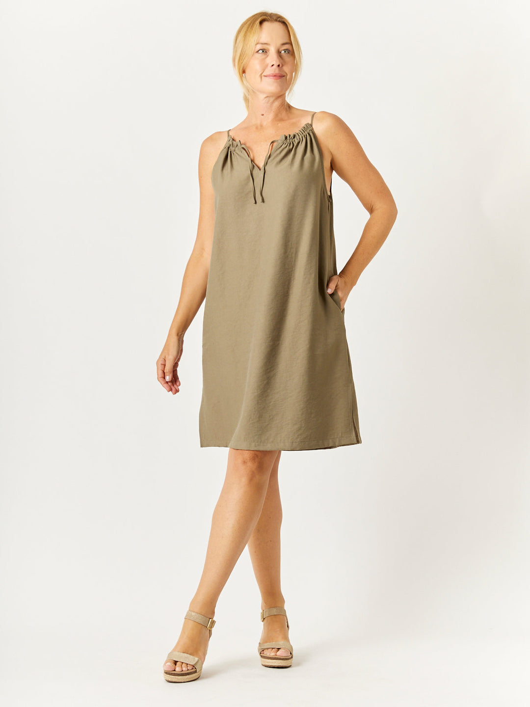 Tye Neck Shift Dress - Khaki - 32719