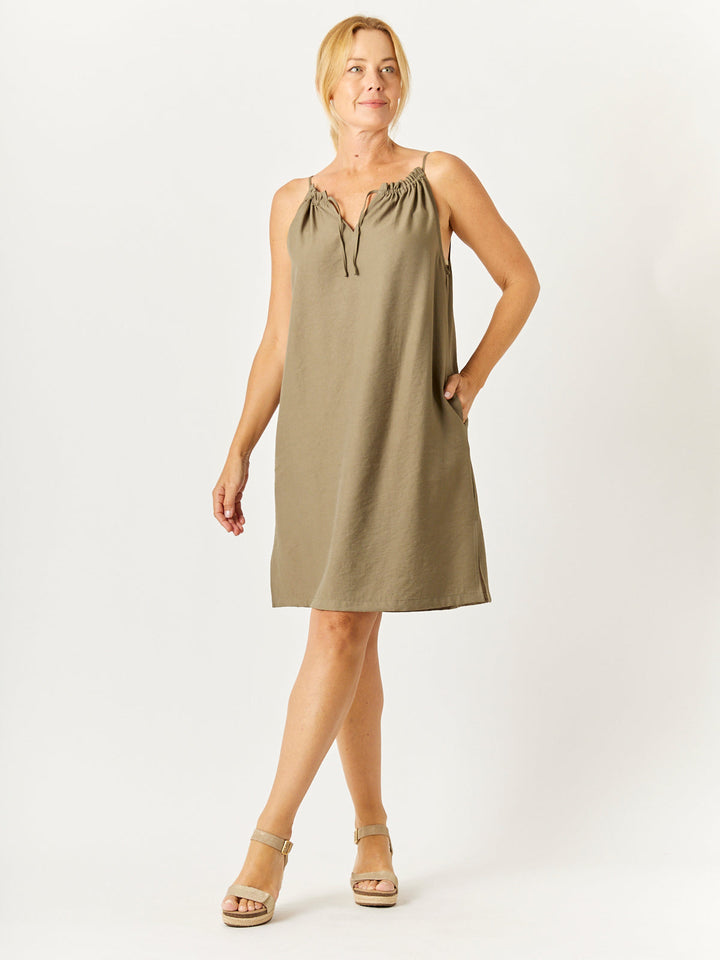 Tye Neck Shift Dress - Khaki - 32719