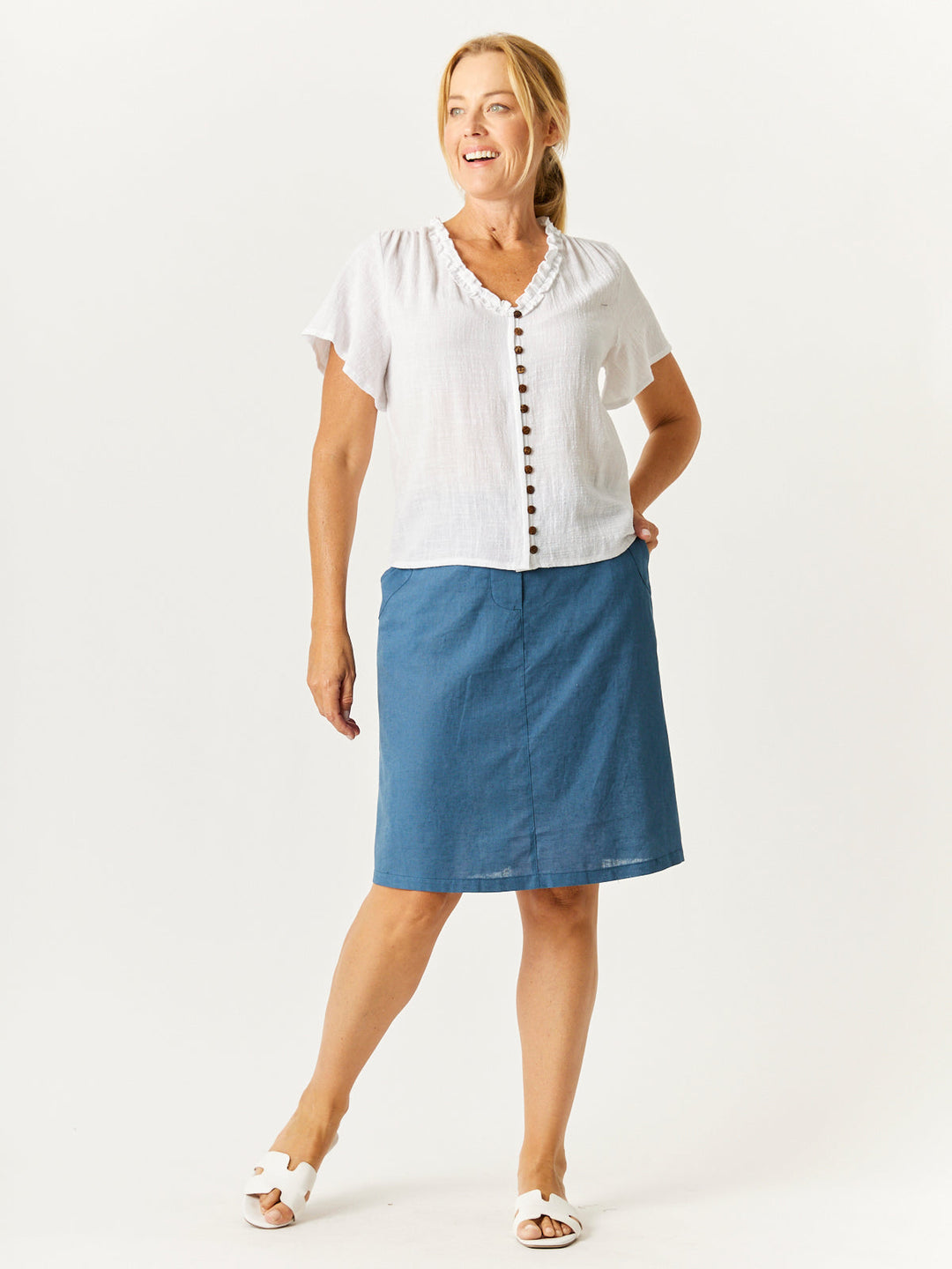 Ruffle Button Top - White -32776