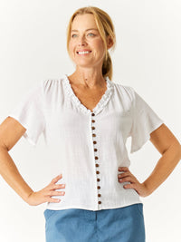 Ruffle Button Top - White -32776