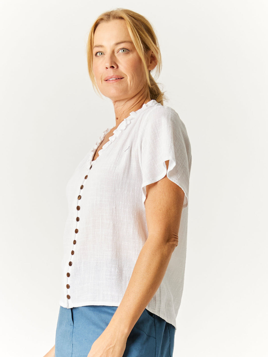 Ruffle Button Top - White -32776