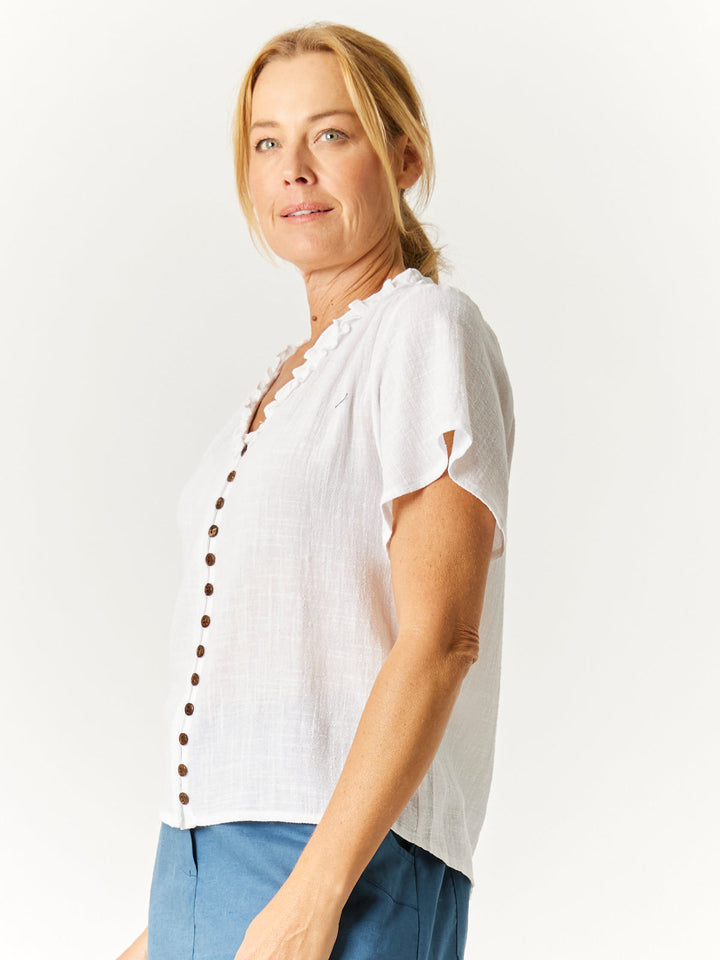 Ruffle Button Top - White -32776