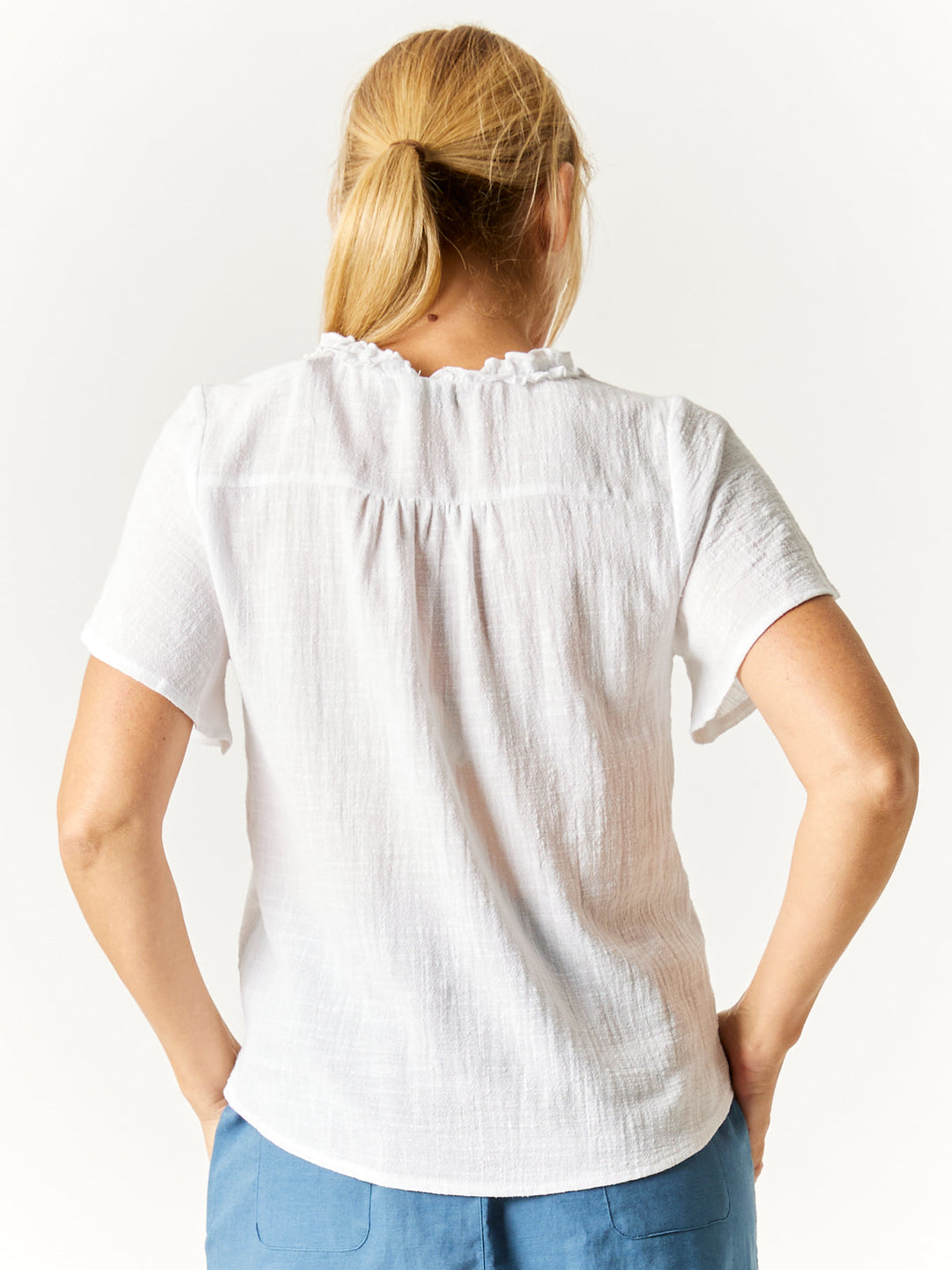 Ruffle Button Top - White -32776