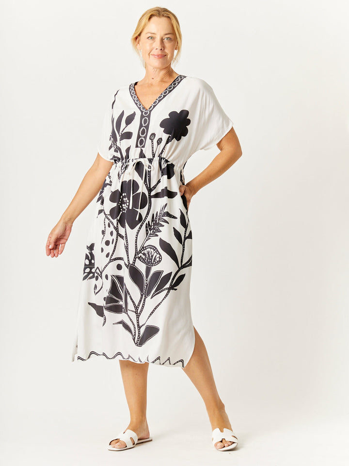 Kimono Drawstring Dress- Black Print - 32747