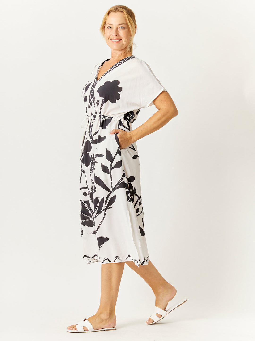 Kimono Drawstring Dress- Black Print - 32747