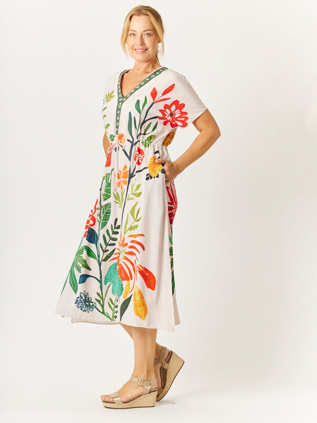 Kimono Drawstring Dress- Floral Print - 32747