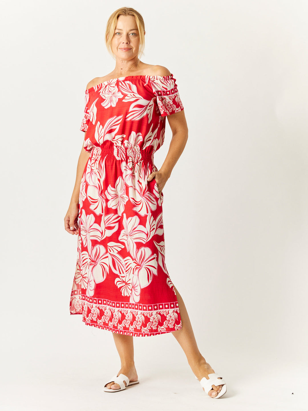 Shirred Waist Dress - Red - 32748