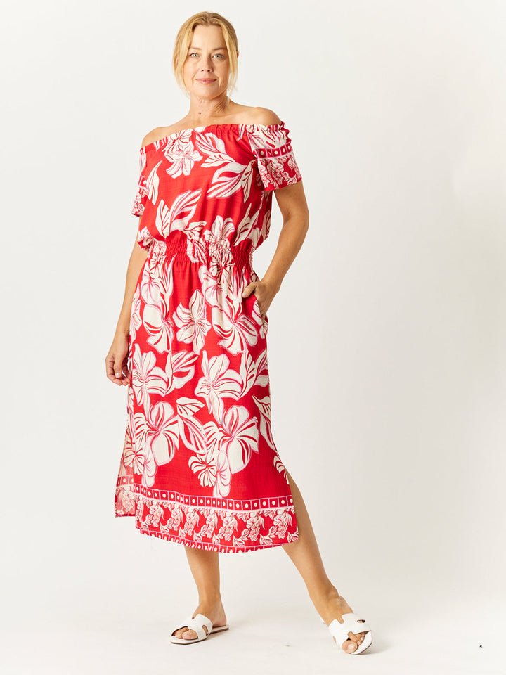 Shirred Waist Dress - Red - 32748