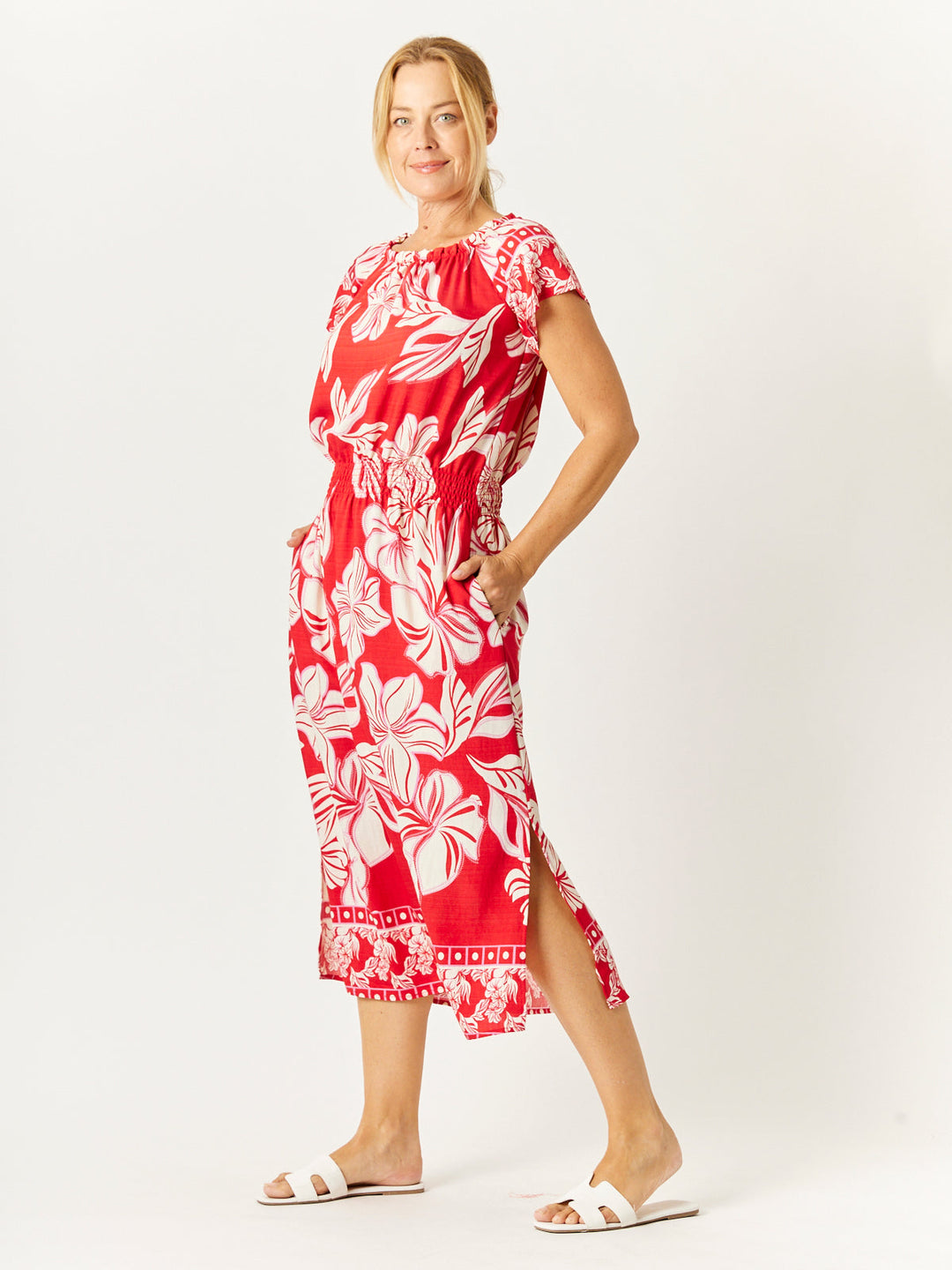Shirred Waist Dress - Red - 32748