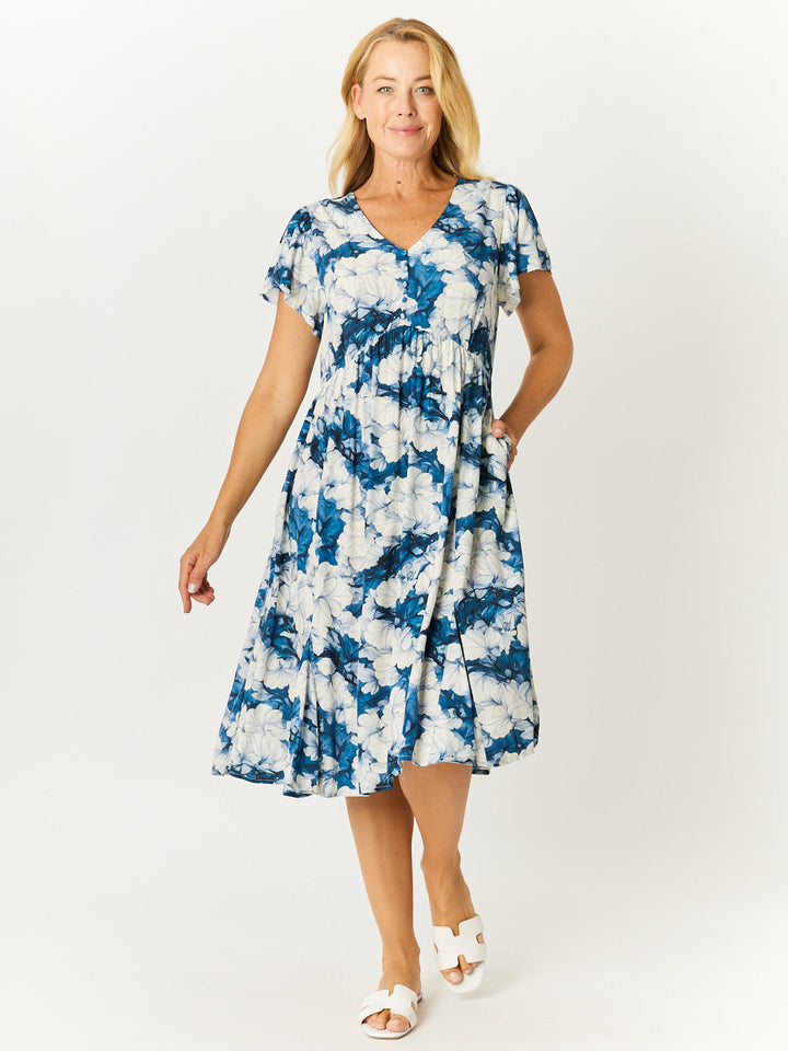 Flounce Rayon Dress - Navy Floral - 32749