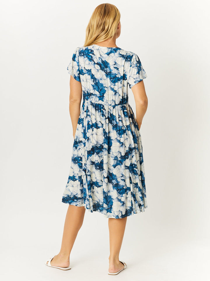 Flounce Rayon Dress - Blue Floral - 32749