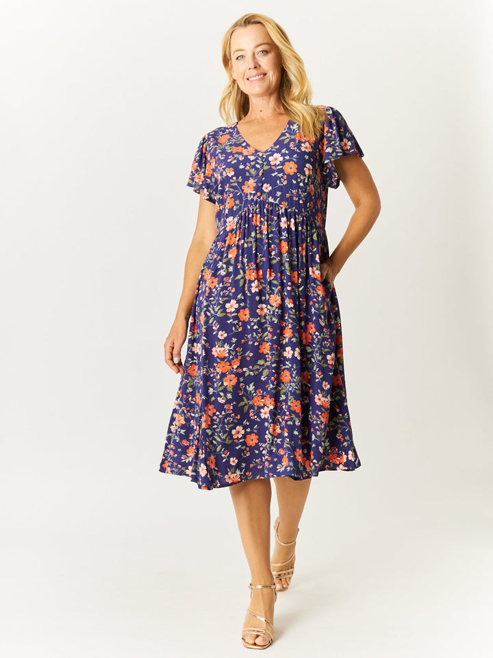 Flounce Rayon Dress - Navy Floral - 32749