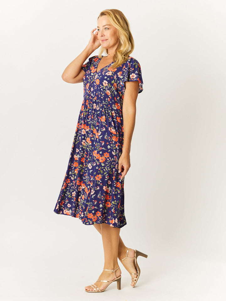 Flounce Rayon Dress - Navy Floral - 32749