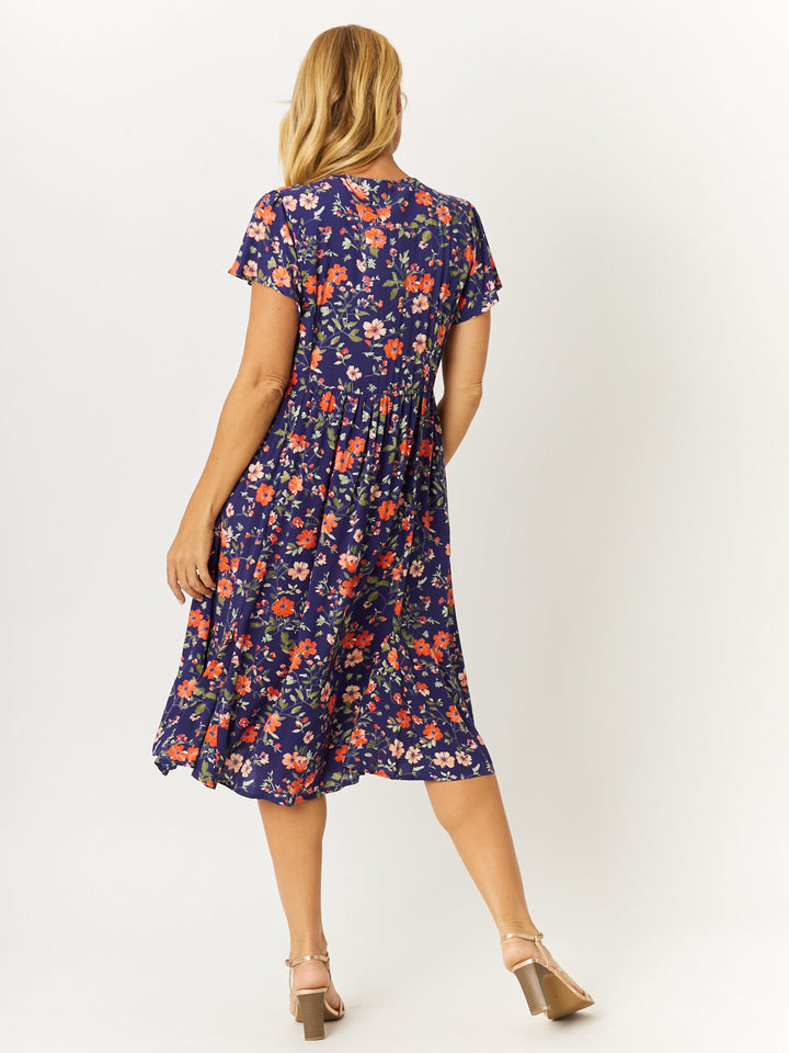 Flounce Rayon Dress - Navy Floral - 32749