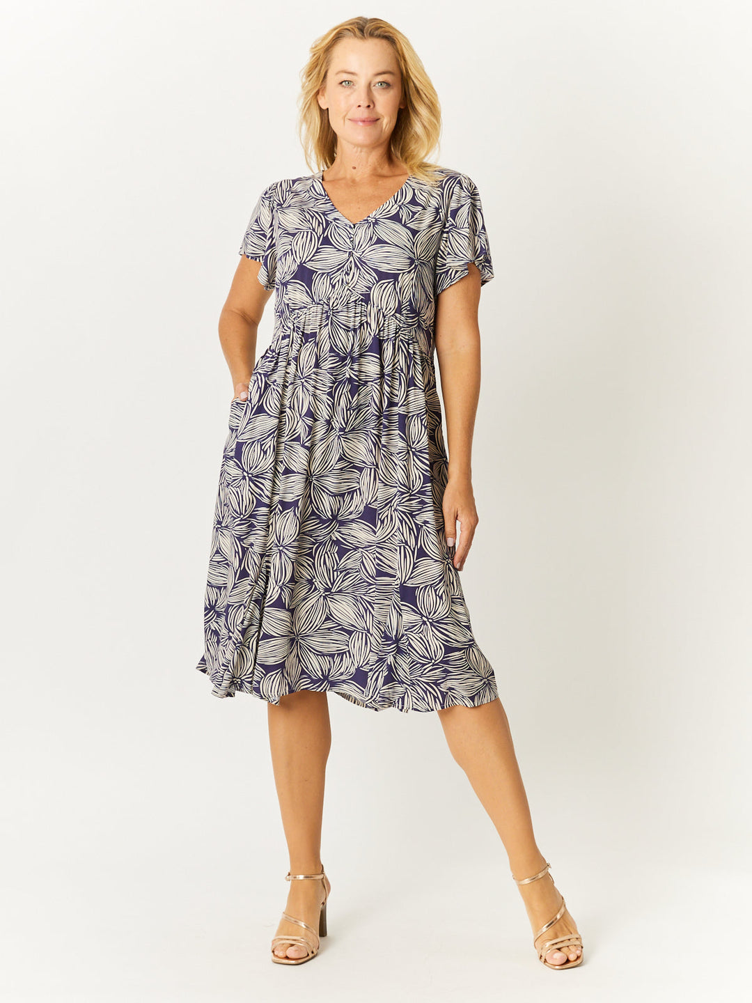 Flounce Rayon Dress - Navy Print - 32749