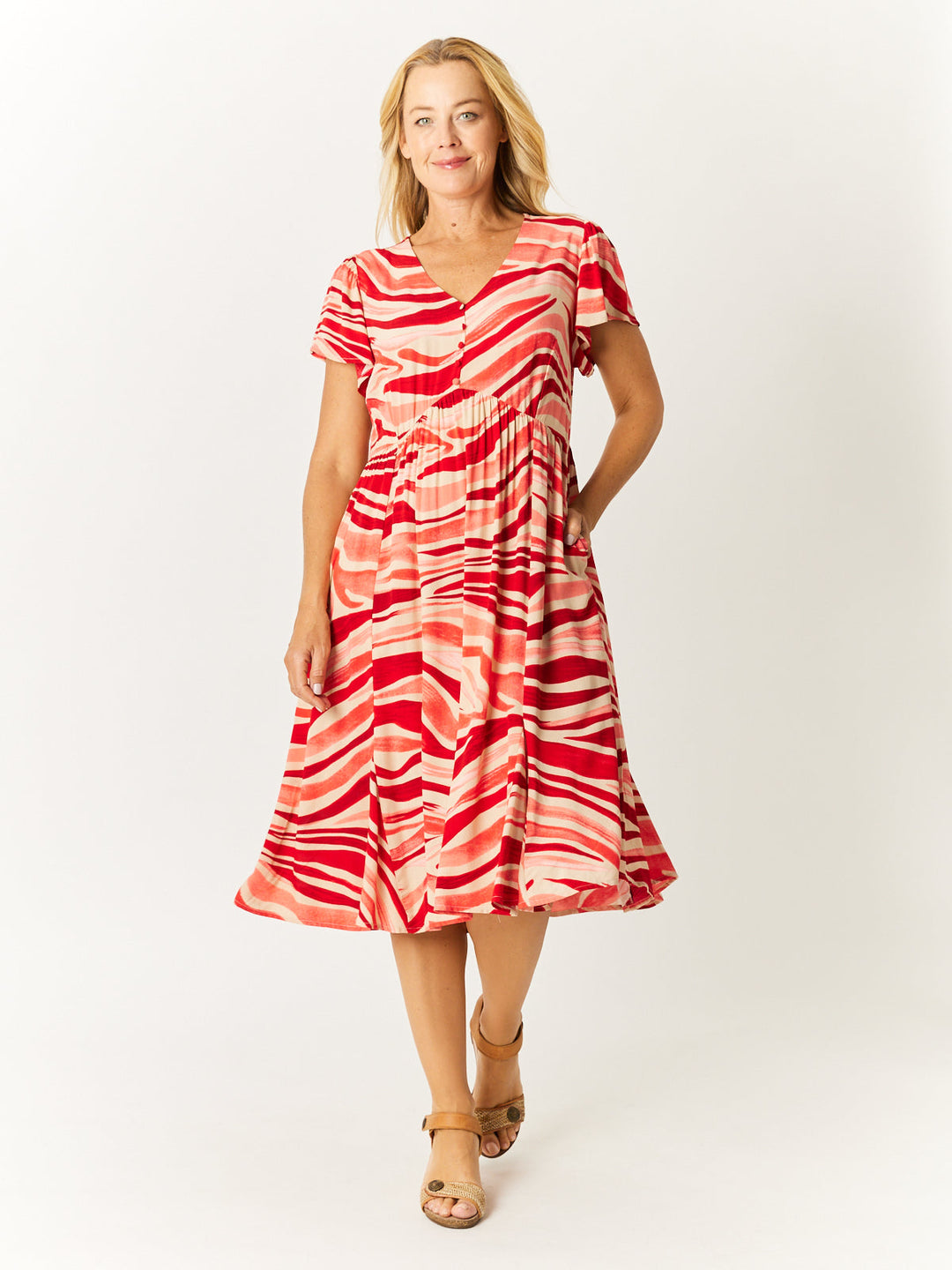 Flounce Rayon Dress - Red - 32749