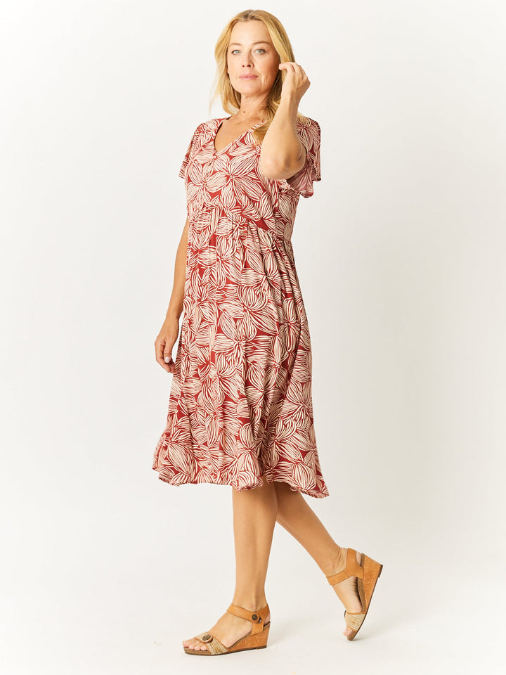 Flounce Rayon Dress - Rust - 32749
