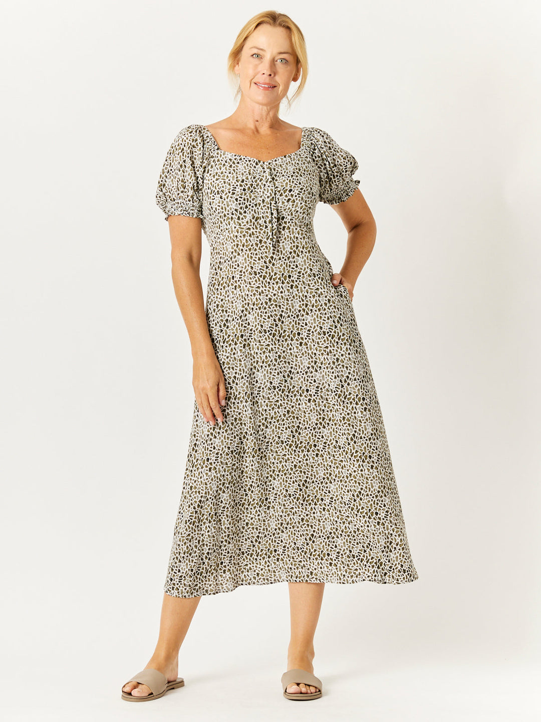 Sunshine Print Bow Dress - Khaki - 32752