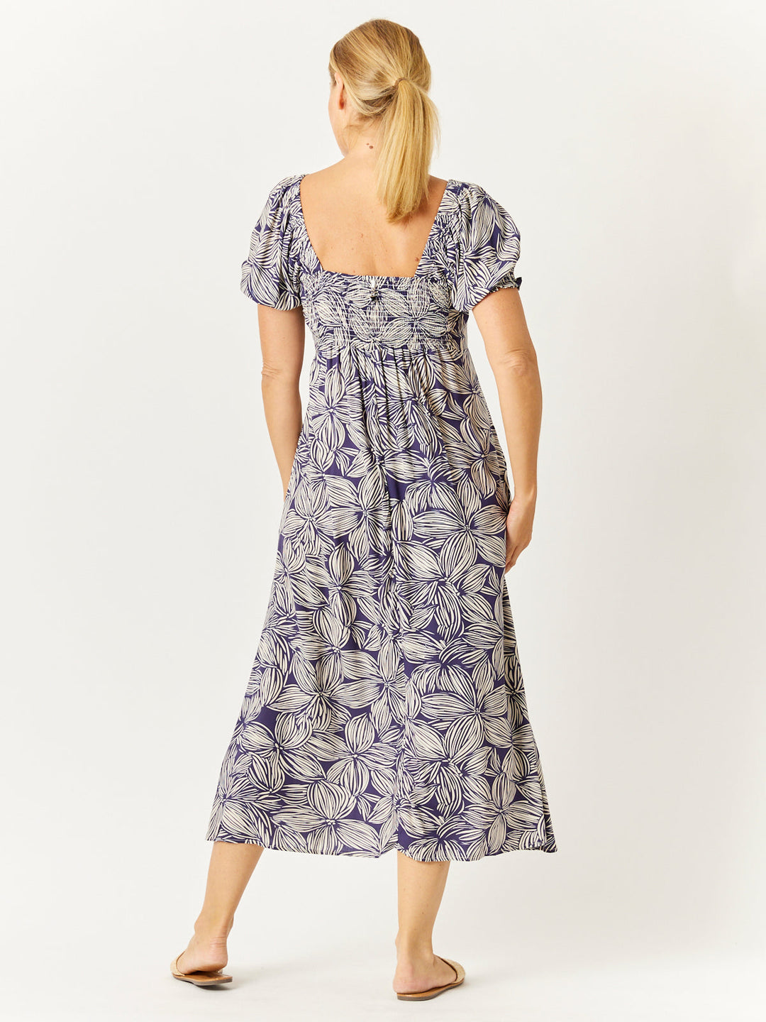 Puff Sleeve Rayon Dress- Navy - 31976