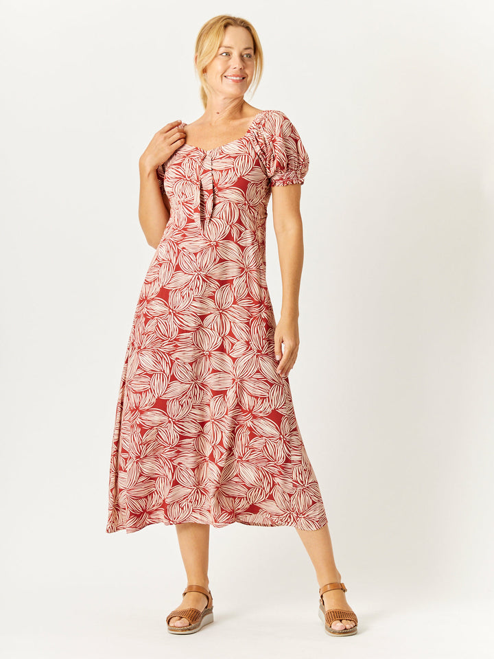 Puff Sleeve Rayon Dress- Rust - 31976