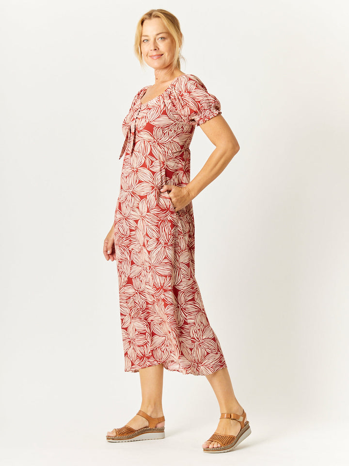 Puff Sleeve Rayon Dress- Rust - 31976