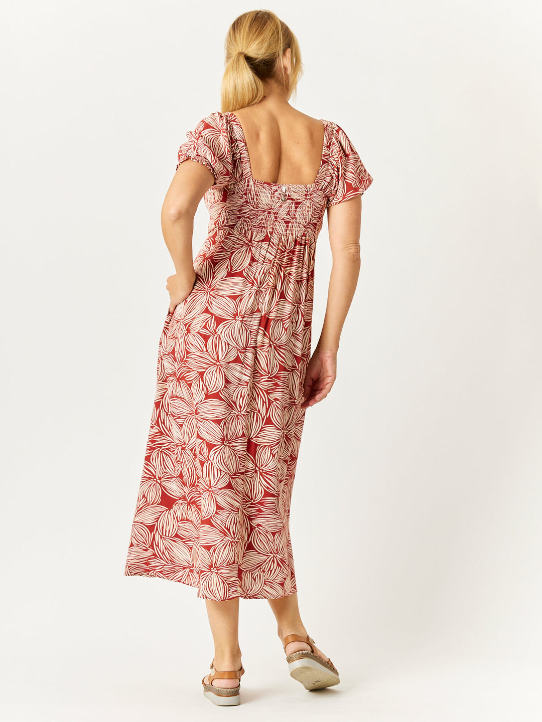 Puff Sleeve Rayon Dress- Rust - 31976