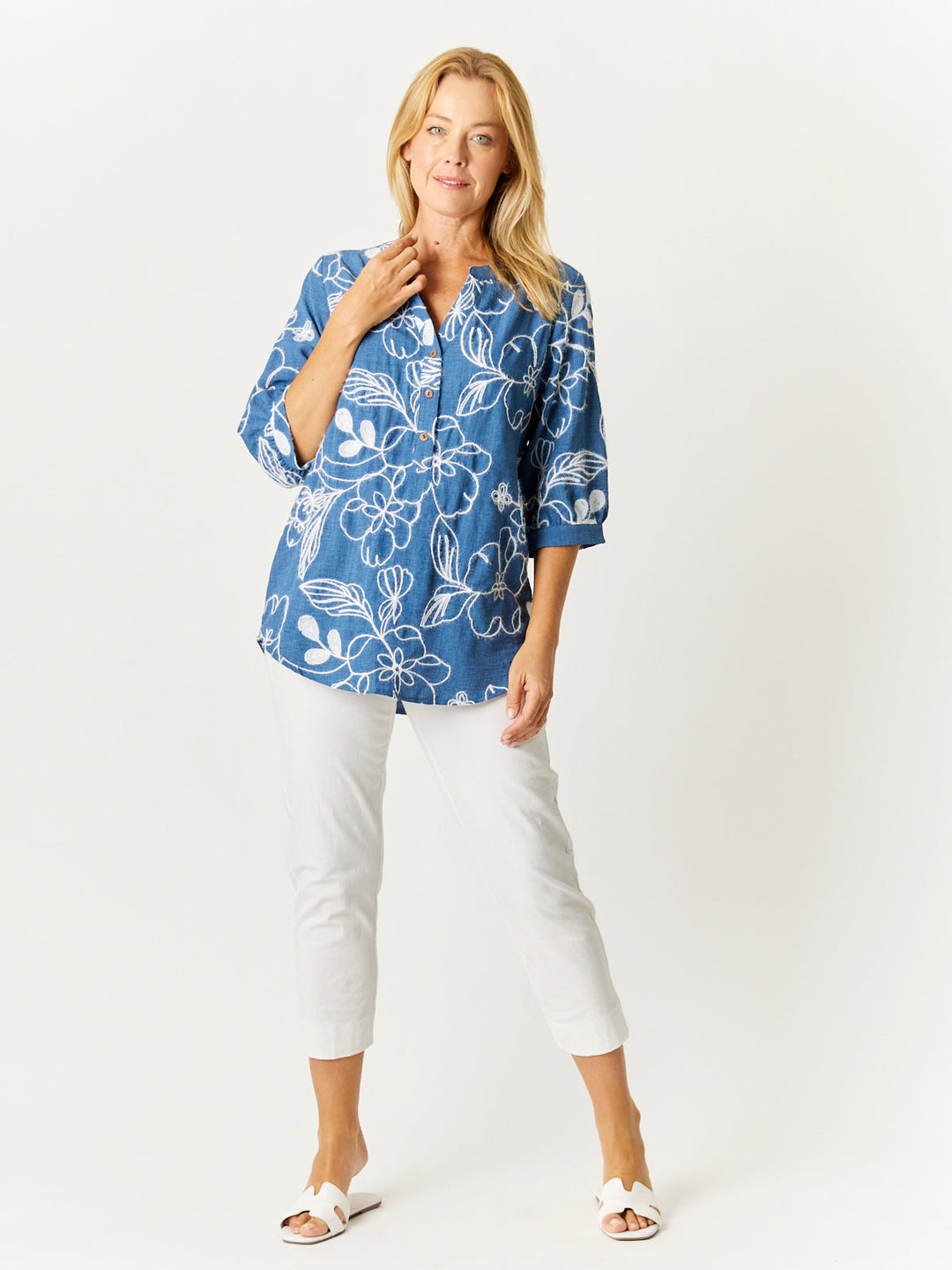 Embroidered Button Top - Blue- 32763