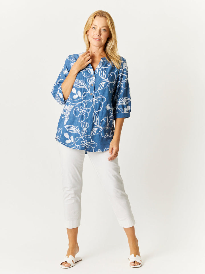 Embroidered Button Top - Blue- 32763