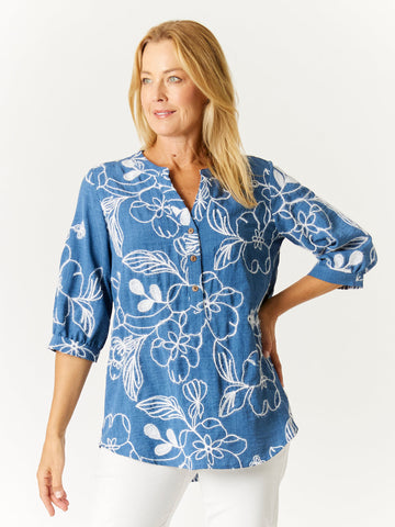 Embroidered Button Top - Blue- 32763 - 