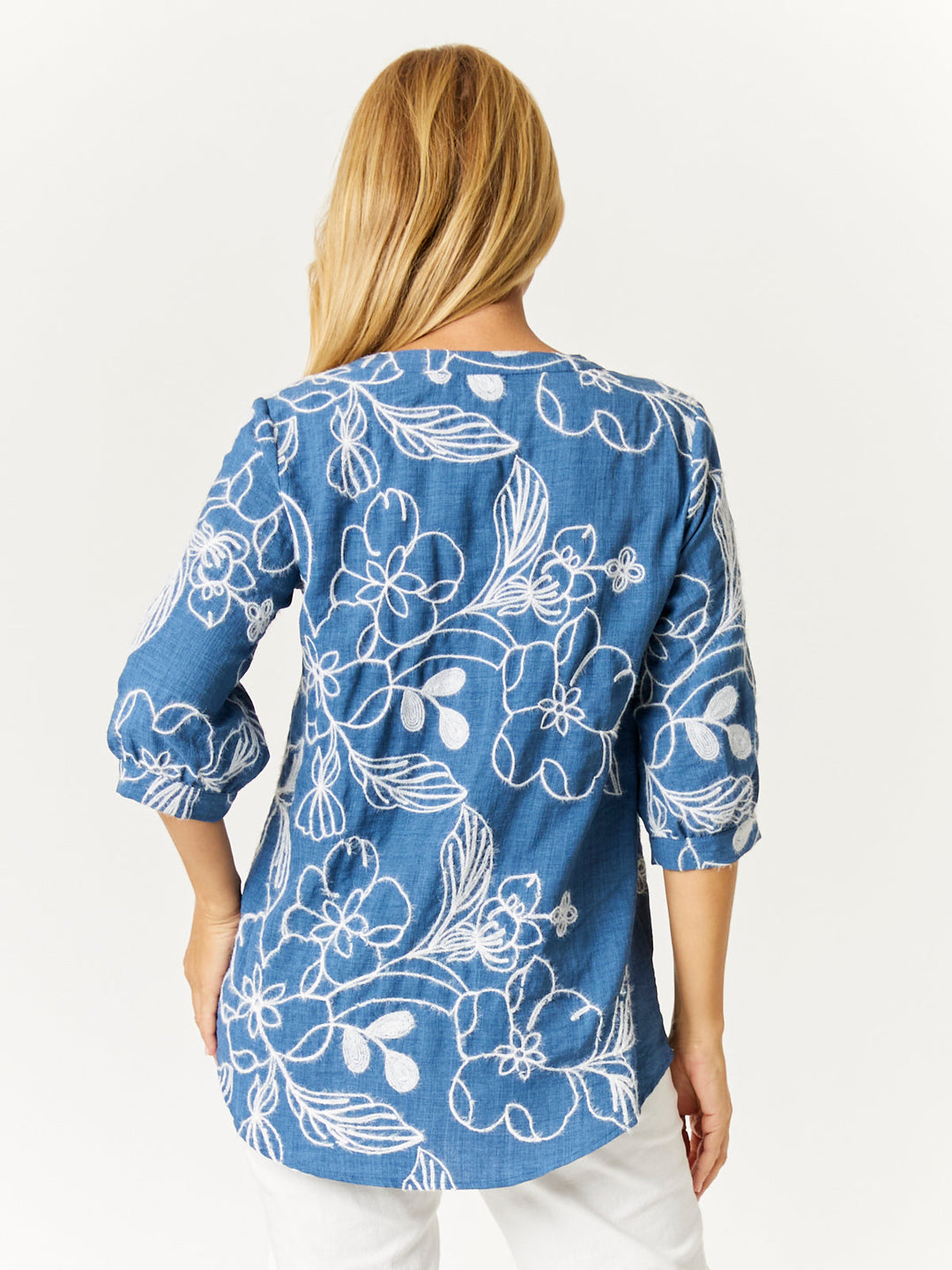 Embroidered Button Top - Blue- 32763