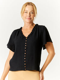 Ruffle Button Top - Black -32776