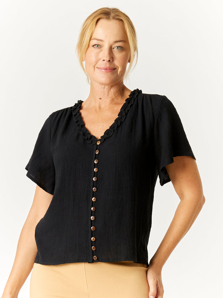 Ruffle Button Top - Black -32776