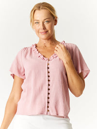 Ruffle Button Top - Rose -32776