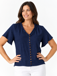 Ruffle Button Top - Navy  -32776