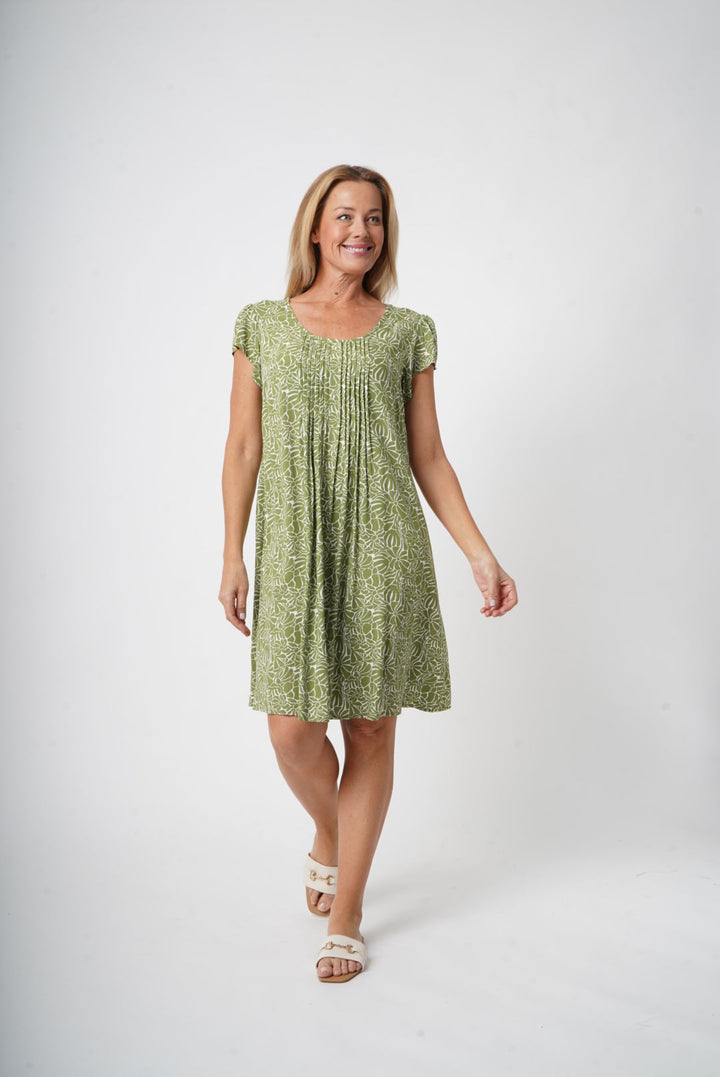 Pintuck Dress - Leaf/White - 32822