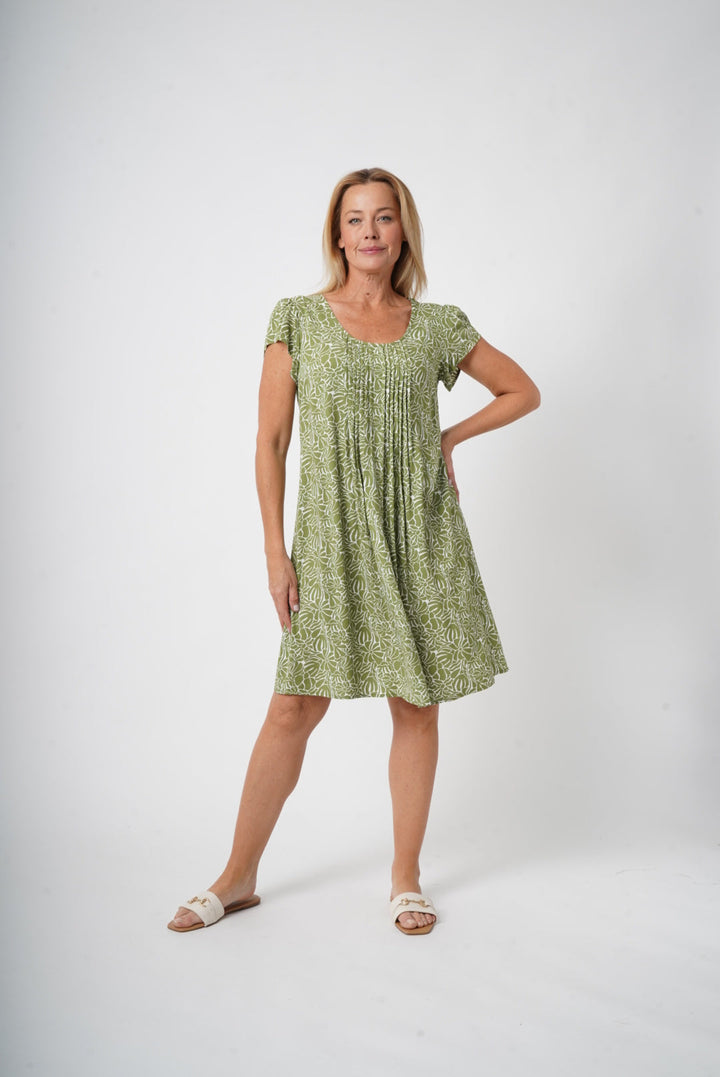Pintuck Dress - Leaf/White - 32822